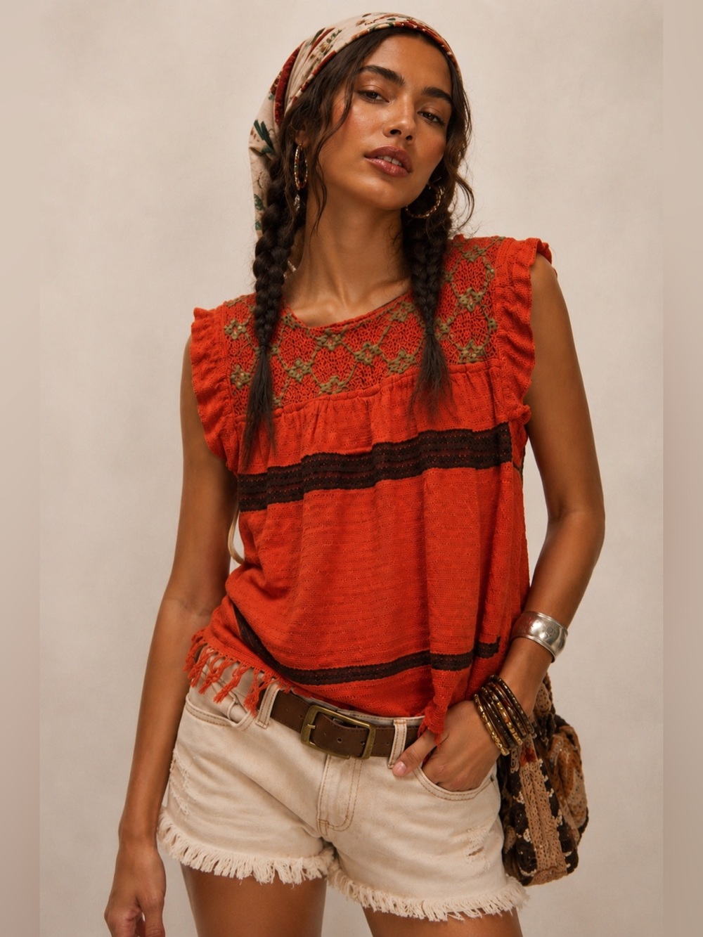 Bright Bohemian Vintage  Orange Crochet Accent Sleeveless Top